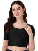 Round Neck Dobby Cotton Lycra Stretchable Elbow Sleeve Readymade Saree Blouse for Women